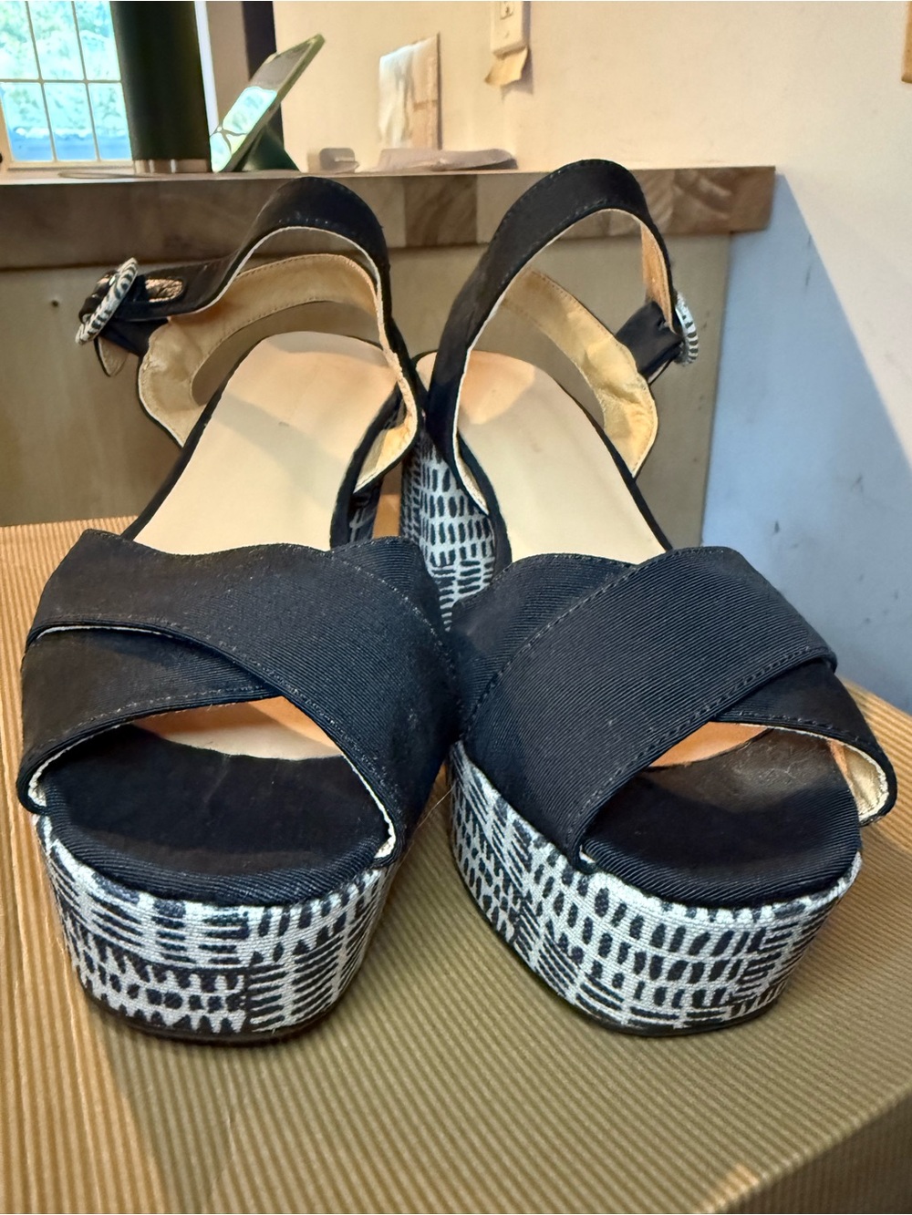 Anthropologie Black Canvas Platform Sandals with Patterned Wedge